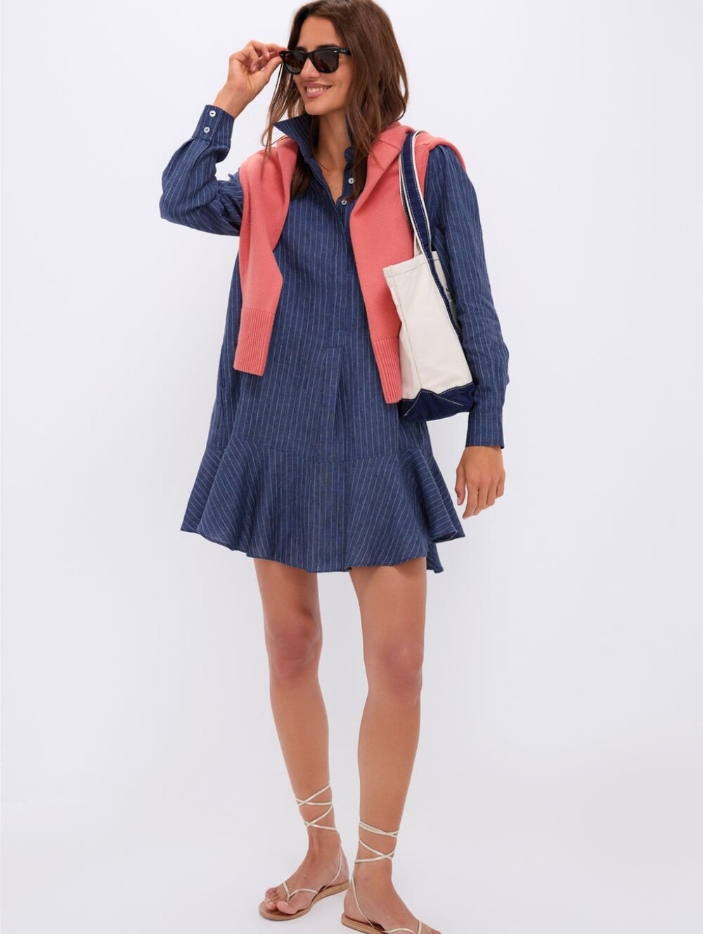 Tuckernuck Preppy Dark Navy Stripe 100% Linen Callahan Shirt Dress M